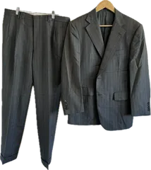  【美品】Aquascutumアクアスキュータム　ビジネススーツ上下セットアップジャケットパンツ　グレーストライプ　メンズ　96AB5サイズ【Z1755】