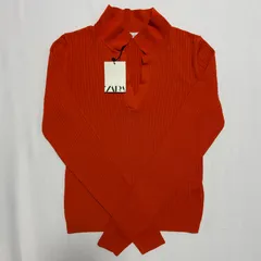 【未使用】ZARA ザラ ポロ襟リブニット 長袖 オレンジ スキッパー サイズ:M カラー:オレンジ Y-167