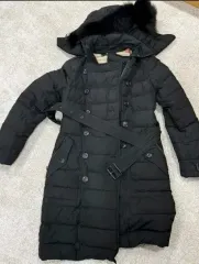 正規品 BURBERRY バーバリー ブラック ダウンジャケット ロング丈 ダウン ベルト ファー フード