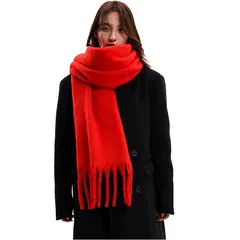 [Ｗｚｈｉｍｉｎｇ] マフラー レディース ストール 大判 ストール カシミヤブレンドウールマフラー【レディースメンズ共用】 秋冬 無地 定番 フリンジ生地 (大きな赤)