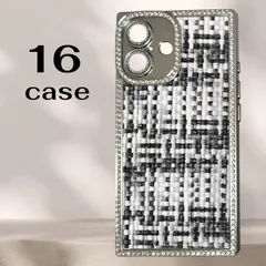 新品　iPhone16 ツイード調×ラインストーンケース　レンズ保護カバー　カメラレンズフレームラメ　スリム　大人可愛い　軽量　コンパクト