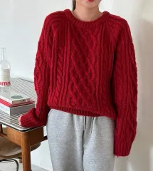 レッド ケーブル編み ウールニット