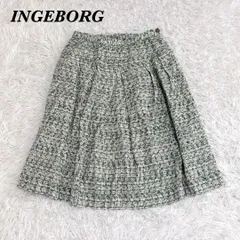 【美品】 INGEBORG ウエストゴムツイードひざ丈スカート 9 グリーン