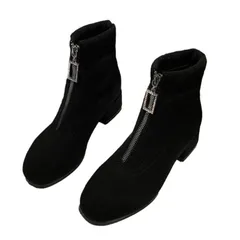 【新着商品】歩きやすい 美脚 秋 チャンキーヒール 丈 アンクル 韓国 冬 カジュアル フロントファスナー スエード きれいめ ショートブーツ レディース [SLOW＆MELLOW]