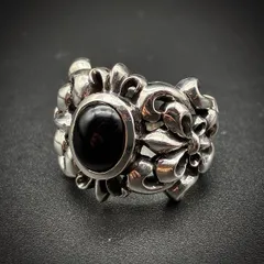 リング シルバー925 21号 百合の紋章 フルール・ド・リス 指輪 オニキス百合 蝶々 シルバー アクセサリー シルバーアクセサリー 重厚 ブラックストーン 天然石 メンズ インディアンジュエリー SV925 漆黒 守護 紋章 盾