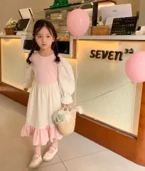 ピンク/アイボリー バイカラー ロング丈ワンピース 130