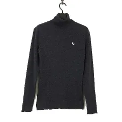 バーバリーブラックレーベル BURBERRY BLACK LABEL 希少 ニット セーター 羊毛 ウール タートルネック 長袖 ホース ロゴ 刺繍 リブニット M 2 チャコールグレー 美品 国内正規品