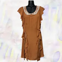 axes femme　アクシーズファム　ワンピース　ブラウン　レディース　レース襟　ウエストゴム　フリル袖　ウエストリボン