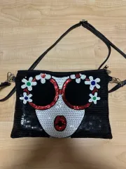 ブラック スパンコール ドクロ 花柄 クロスバッグ
