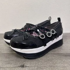 YOSUKE U.S.A ビジューバックル付き 厚底スニーカー ストラップシューズ メリージェーン スニーカーパンプス LL 25cm エナメル×グリッター ブラックコンビ