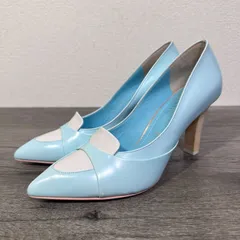 未使用 リミットティル2359 日本製 ポインテッドトゥコンビネーションアドバンレザーローファーデザインパンプス 本革 ハイヒール 23.5cm ライトブルーのサムネイル