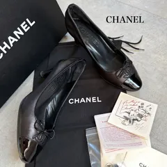 美品 CHANEL シャネル リボンパンプス ココマーク バレエシューズ レザー ブラック 黒 34 1/2 レディースシューズ21.5cm L23