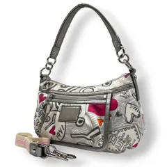 【美品】コーチ ポピー グラフィティ 2WAY ショルダーバッグ ハンドバッグ 斜め掛け キャンバス レザー 白 シルバー ピンク ハート 総柄 軽量 カジュアル ポップ 14549 レディース 鞄 カバン s91