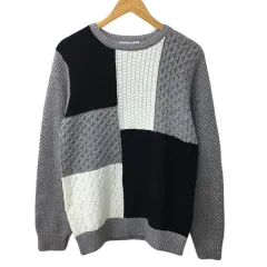 イッカ ikka セーター ニット ラウンドネック プルオーバー 切替 ケーブル編み 長袖 L グレー 黒 ブラック