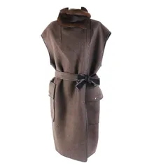 未使用品◎HERMES エルメス 2021年製 カシミヤ100％ 襟ミンク レザー使い ベルト付き メドールボタン ヘリンボーンデザイン ノースリーブロングコート／ベスト／ジレ ブラウン 38 フランス製 正規品 レディース