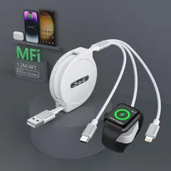 【2025新版】3in1巻き取り式充電ケーブル｜iPhone/アップルウォッチ 充電器/AirPods同時充電｜3A急速充電・USB-C/Lightning対応｜Apple Watch全シリーズ（Ultra/SE含む）対応｜旅行・在宅ワークに最適｜1.2M ホ