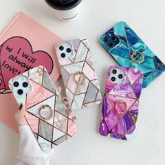iPhone 12/12Pro ケース カバー 背面タイプ ソフトケース 幾何学模様 スマホリング付き 大理石 指輪 メタリック ストーン ホールドリング