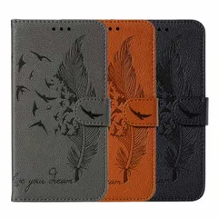 iPhone 13ProMax ケース カバー 手帳タイプ 型押し 羽根 鳥 英字 アンティークレザー 合皮 マグネット開閉 カード収納 スタンド 閉じたまま通話可能