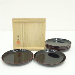 京漆芸 平安象彦 6寸 銘々盆×5客】天然木製 金緑線溜 未使用/長期保管