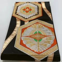 ［6877］袋帯 花亀甲文様 金銀糸 六通 黒 正絹 着物 フォーマル