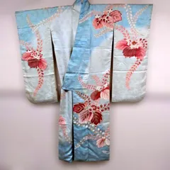 #WU13.正絹振袖【三越】青色系輝くラメ混ピンク花模様着丈約157cm