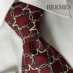 《訳アリ》HERMES (エルメス) シルクネクタイ フランス製 総柄 馬具 チェーン ビット ワインレッド ベージュ
