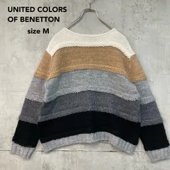 UNITED COLORS OF BENETTON ユナイテッドカラーズオブベネトン マルチカラー ボーダー ニット セーター M 太ボーダー 配色 クルーネック ウール混 90s レトロ ポップ 派手カワ ★ ◆■