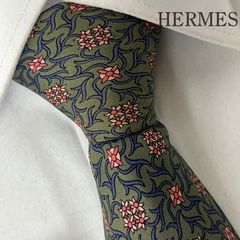 美品》HERMES (エルメス) シルク ネクタイ 星柄 ネイビー イエロー