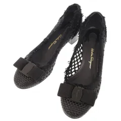 美品 サルヴァトーレフェラガモ ヴァラリボン サイズ5D 編み込み レザー ブラック パンプス 黒 1556 Salvatore Ferragamo