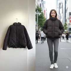 美品⭐️ プチフルール Petit Fleur ジャケット ブルゾン アウター ショート コート 羽織り 防寒 中綿 ダウン フード 付き ゆったり シンプル ベーシック きれいめ 通勤 デイリー 灰色 グレー