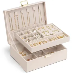 Vlando アクセサリーケース 2層 大容量 ジュエリーボックス 取り外し可能なジュエリートレー ネックレス ピアス 指輪 ブレスレット 女性 プレゼント 誕生日 ギフト (アプリコットピンク) 1