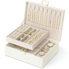 Vlando ジュエリーボックス 2層 大容量 取り外し可能 時計 ネックレス ピアス 指輪 ブレスレット 女性 プレゼント 誕生日 ギフト (ホワイト-plus) 0