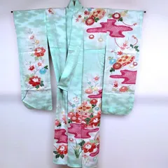 #OG05.成人正絹振袖 ミントグリーン 花柄　着丈短め約155ｃｍ