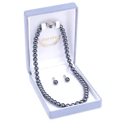 [アウローラ] 8mm本貝パールネックレス 日本製 イヤリング ピアス 化粧箱 ３点セット (16インチ, ブラック・イヤリング) 1