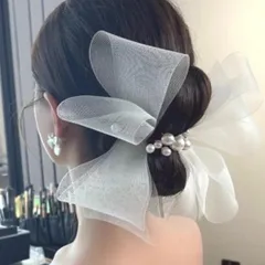 ヘアアクセサリー リボン 女性用 パール おしゃれ かわいい インポート 韓国 髪飾り 長いリボン ヘアアクセサリー 美しい チュール リボン 