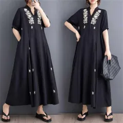 ワンピース 即購入OK レディース ロングワンピース サマードレス Vネック 半袖 ロング丈 ポケット付き 無地 刺繍 花柄 レトロ 着痩せ お洒落 リラックス ゆったり 体型カバー カジュアル 夏 