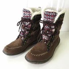 DESPACIO モカシンブーツ 裏ボア チロリアン柄 コーデュロイ L 24.0cm ダークブラウン こげ茶色 くつ 靴 シューズ