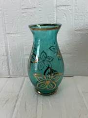 花瓶　ガラス　フラワーベース　水色　花器　金彩　used