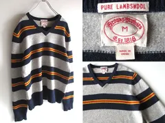 Brooks Brothers ブルックスブラザーズ ピュアラムズウール Vネック ボーダーニット セーター M グレー ネイビー イエロー レッド 国内正規