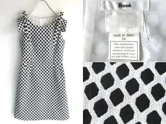 美品 定価64800円 Rene ルネ TISSUE社/フランス製生地使用 ポリメタルラメツイード 肩リボン ドレス ワンピース 36 ホワイト ブラック 白黒