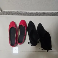 フラットシューズ レッド / スウェード アンクル ブーツ ブラック