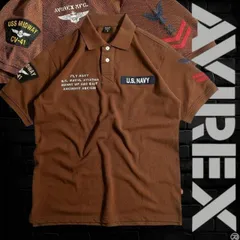 AVIREX アヴィレックス NAVAL PATCH POLO SHIRT ネイバルパッチ ステンシルプリント コットン混 半袖 ポロシャツ 2136003 定価1万 ブラウン M▲029▼50328k03