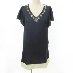 チェスティ Chesty ビジュー ワンピース ひざ丈 半袖 Vネック 薄手 1 S～Mサイズ 紺 ネイビー ■TC