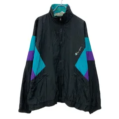 90s Champion ナイロンジャケット XL ブラック チャンピオン ジップアップ 青タグ ラグラン スポーティー ライトアウター 春秋物 a802-5117