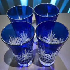 京彩 切子 グラス 青被せ 四客揃 酒器 ショットグラス 時代物 レトロ