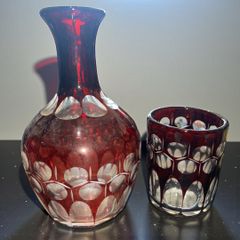 赤切子 赤被せ 酒器セット 時代物 レトロ インテリア 切子 徳利