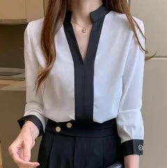 ＜在庫処分＞新品 レディース 白シャツ デザイン感 小　 春夏 Vネック 通勤 きれいめ シャツブラウス　S　bu１