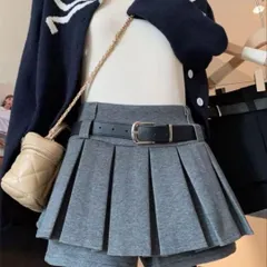 SALE 【新品未使用品】　 プリーツミニスカート グレー Mサイズ アメリカンスタイル Y2K キュロット M ベルトつき