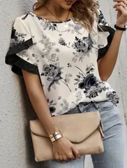 【新品】レディース フリルスリーブフラワーデザインシャツ