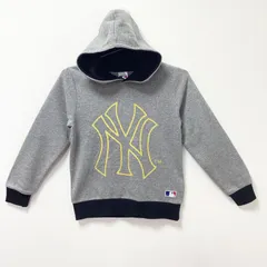 古着　新品タグ付き　美品　MLB　New York Yankees　ニューヨーク・ヤンキース　NYロゴ　長袖パーカー　キッズ　140サイズ　混紡　グレー　フード　フーディー　ワッペン